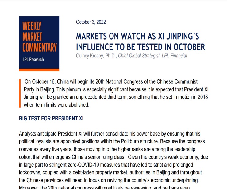 Xi Jinping’s Influence to be Tested | Weekly Market Commentary | October 3, 2022